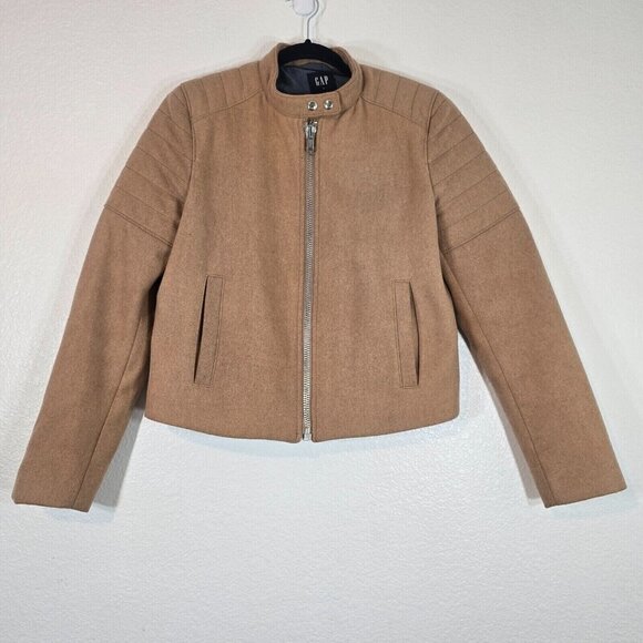 Gap Moto Jacket Quilted Women Medium Wool Blend Zip Brown Pockets Fall - Picture 1 of 11
